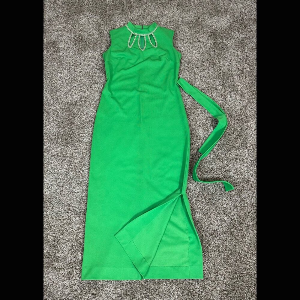 60s Bright Green Maxi Sheath Column Dress Rhinestone MCM Mod Rockabilly Pinup M - Picture 13 of 15
